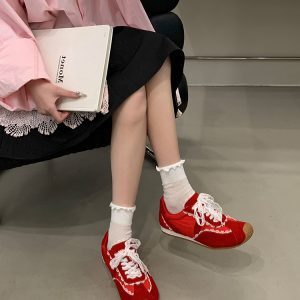 Vintage French Lace Bow Genuine Leather Training Shoes for Women - Spring Red Casual Flat Sneakers