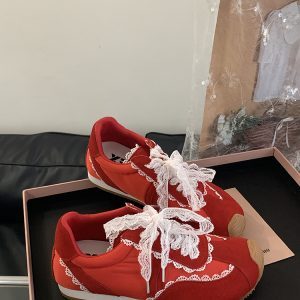 Vintage French Lace Bow Genuine Leather Training Shoes for Women - Spring Red Casual Flat Sneakers