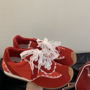 Vintage French Lace Bow Genuine Leather Training Shoes for Women - Spring Red Casual Flat Sneakers