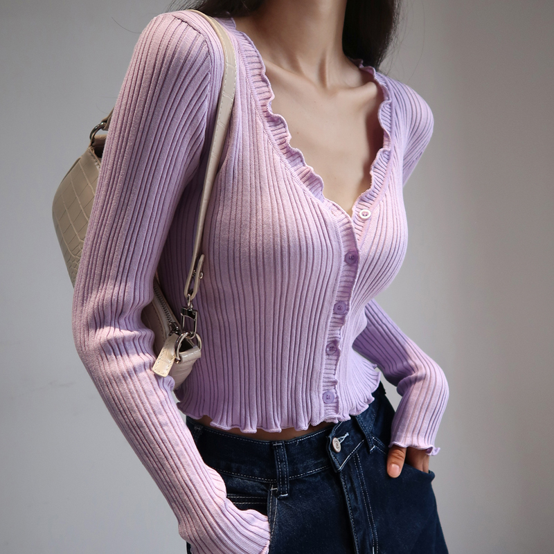 Vintage French Lace Edge V-Neck Buttoned Knitted Cardigan Top for Women - Slim Long Sleeve Sweater, Y2K Inspired Fashion