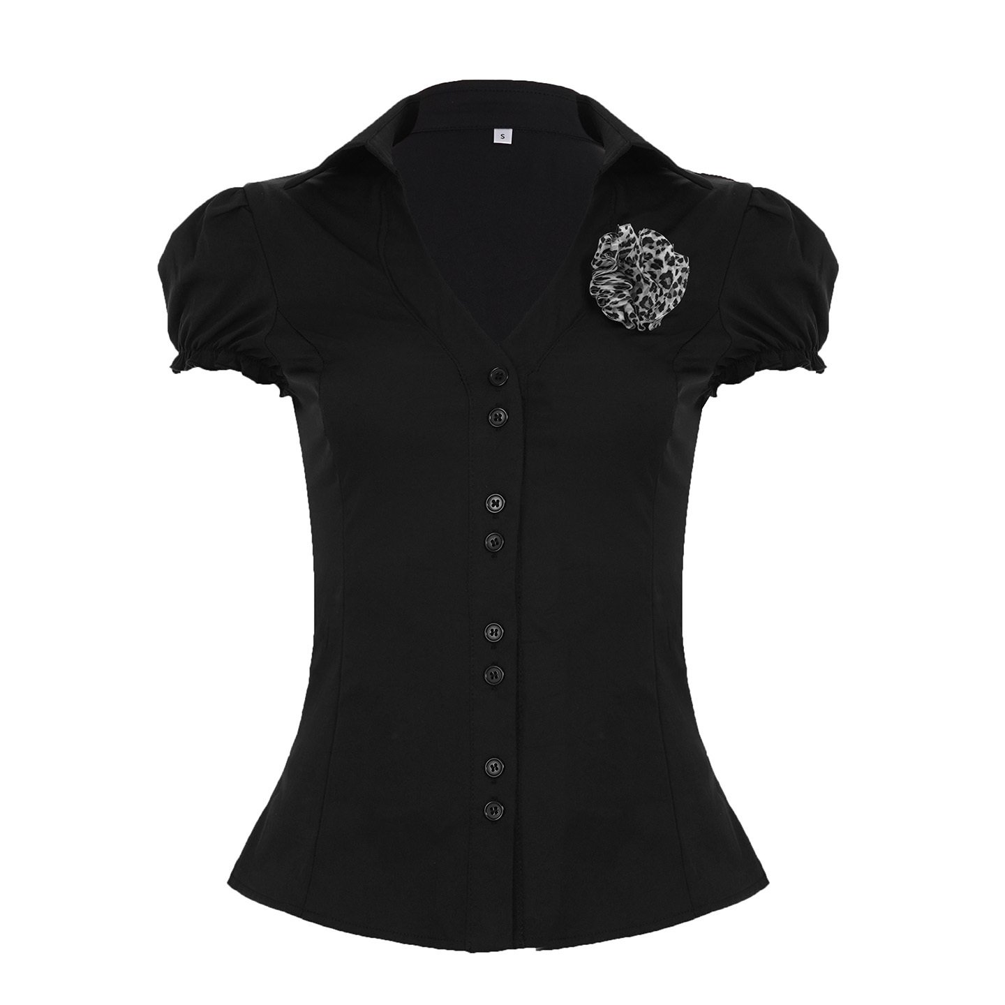 Vintage French Leopard Print Appliqué Cuffed V-Neck Shirt for Women | Slim Fit, Cinched Waist, Puff Sleeves | Y2K Fashion