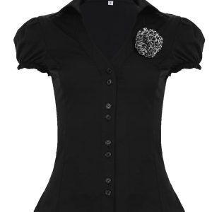 Vintage French Leopard Print Appliqué Cuffed V-Neck Shirt for Women | Slim Fit, Cinched Waist, Puff Sleeves | Y2K Fashion