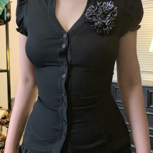 Vintage French Leopard Print Appliqué Cuffed V-Neck Shirt for Women | Slim Fit, Cinched Waist, Puff Sleeves | Y2K Fashion