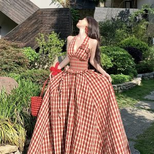 Vintage French Plaid Halter Strap Dress for Women with Handmade Floral Ties, Ideal for Seaside Vacations and Summer Photos