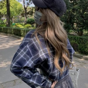Vintage French Plaid Shirt for Women - Chic Long Sleeve Autumn Jazz Top, Unique Short Jacket in Hong Kong Style