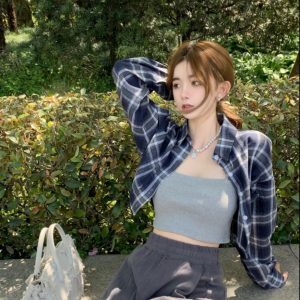 Vintage French Plaid Shirt for Women - Chic Long Sleeve Autumn Jazz Top, Unique Short Jacket in Hong Kong Style