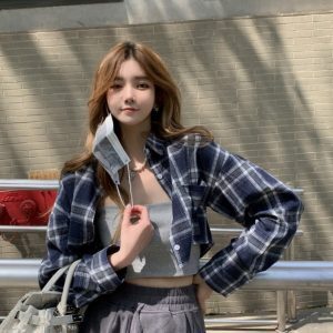 Vintage French Plaid Shirt for Women - Chic Long Sleeve Autumn Jazz Top, Unique Short Jacket in Hong Kong Style