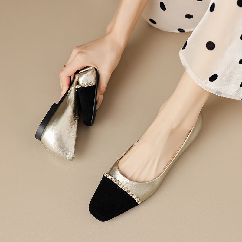 Vintage French Real Leather Color-Blocked Square-Toe Flat Grandma Shoes - Soft and Comfortable Soft-Soled Footwear for Everyday Wear