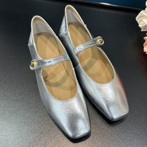 Vintage French Sheepskin Mary Jane Women's Flats with Gold Buckle - Spring Outdoor Shallow Mouth Leather Commuting Shoes