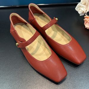Vintage French Sheepskin Mary Jane Women's Flats with Gold Buckle - Spring Outdoor Shallow Mouth Leather Commuting Shoes