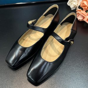 Vintage French Sheepskin Mary Jane Women's Flats with Gold Buckle - Spring Outdoor Shallow Mouth Leather Commuting Shoes