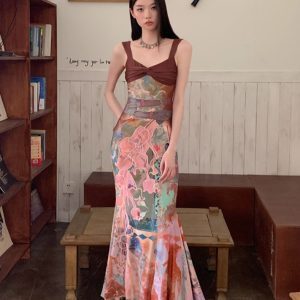 Vintage French-Style Color-Blocking Floral Fishtail Dress for Women - Summer Sexy Bodycon Spaghetti Strap Long Dress