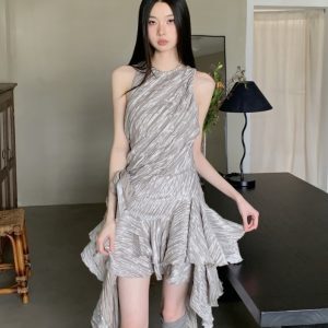 Vintage French-Style Floral Textured Ruffled Hem Dress - Handmade Three-Dimensional Pleated Design for Women