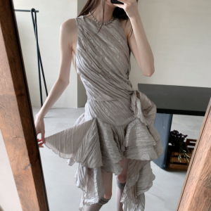 Vintage French-Style Floral Textured Ruffled Hem Dress - Handmade Three-Dimensional Pleated Design for Women