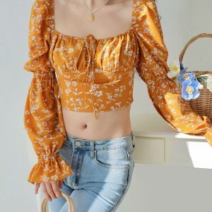 Vintage French Yellow Floral Long Sleeve Shirt for Women - Loose Square Neck Slim Fit Top - Perfect for 90s & Y2K Style