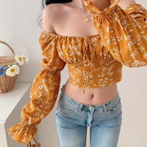 Vintage French Yellow Floral Long Sleeve Shirt for Women - Loose Square Neck Slim Fit Top - Perfect for 90s & Y2K Style