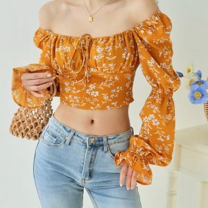 Vintage French Yellow Floral Long Sleeve Shirt for Women - Loose Square Neck Slim Fit Top - Perfect for 90s & Y2K Style
