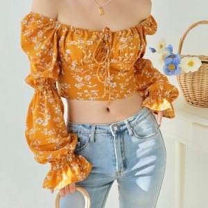 Vintage French Yellow Floral Long Sleeve Shirt for Women - Loose Square Neck Slim Fit Top - Perfect for 90s & Y2K Style