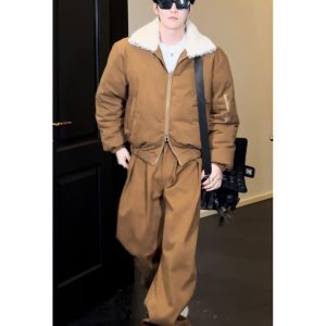 Vintage Fur Collar Cotton Jacket Set with Casual Straight Pants - 2024 Autumn/Winter American Style Fashion