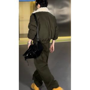 Vintage Fur Collar Cotton Jacket Set with Casual Straight Pants - 2024 Autumn/Winter American Style Fashion