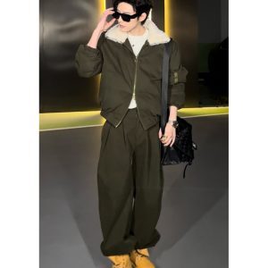 Vintage Fur Collar Cotton Jacket Set with Casual Straight Pants - 2024 Autumn/Winter American Style Fashion