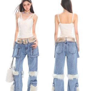 Vintage Fur Patchwork Denim Pants for Women - Autumn Winter Hot Girl Pocket Cargo Straight Leg Trousers