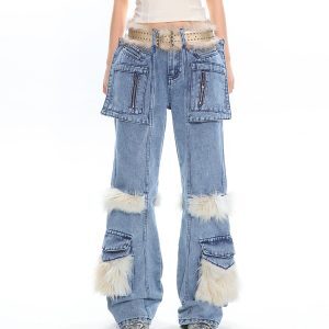 Vintage Fur Patchwork Denim Pants for Women - Autumn Winter Hot Girl Pocket Cargo Straight Leg Trousers