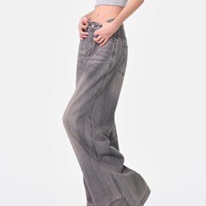 Vintage Gray Washed Wide-Leg Jeans for Women, Loose Fit, Slimming Floor-Length Pants, 90s Style, Spring Fashion