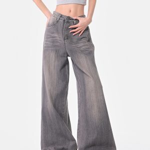 Vintage Gray Washed Wide-Leg Jeans for Women, Loose Fit, Slimming Floor-Length Pants, 90s Style, Spring Fashion