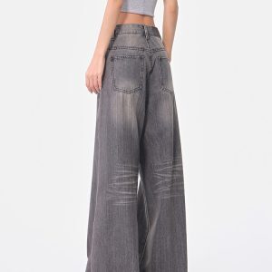 Vintage Gray Washed Wide-Leg Jeans for Women, Loose Fit, Slimming Floor-Length Pants, 90s Style, Spring Fashion