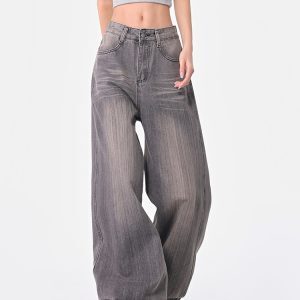 Vintage Gray Washed Wide-Leg Jeans for Women, Loose Fit, Slimming Floor-Length Pants, 90s Style, Spring Fashion