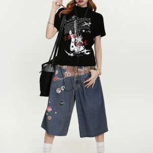 Vintage Guitar Print Short Sleeve T-Shirt for Women - American Style Summer Casual Top, Trendy Streetwear Fashion