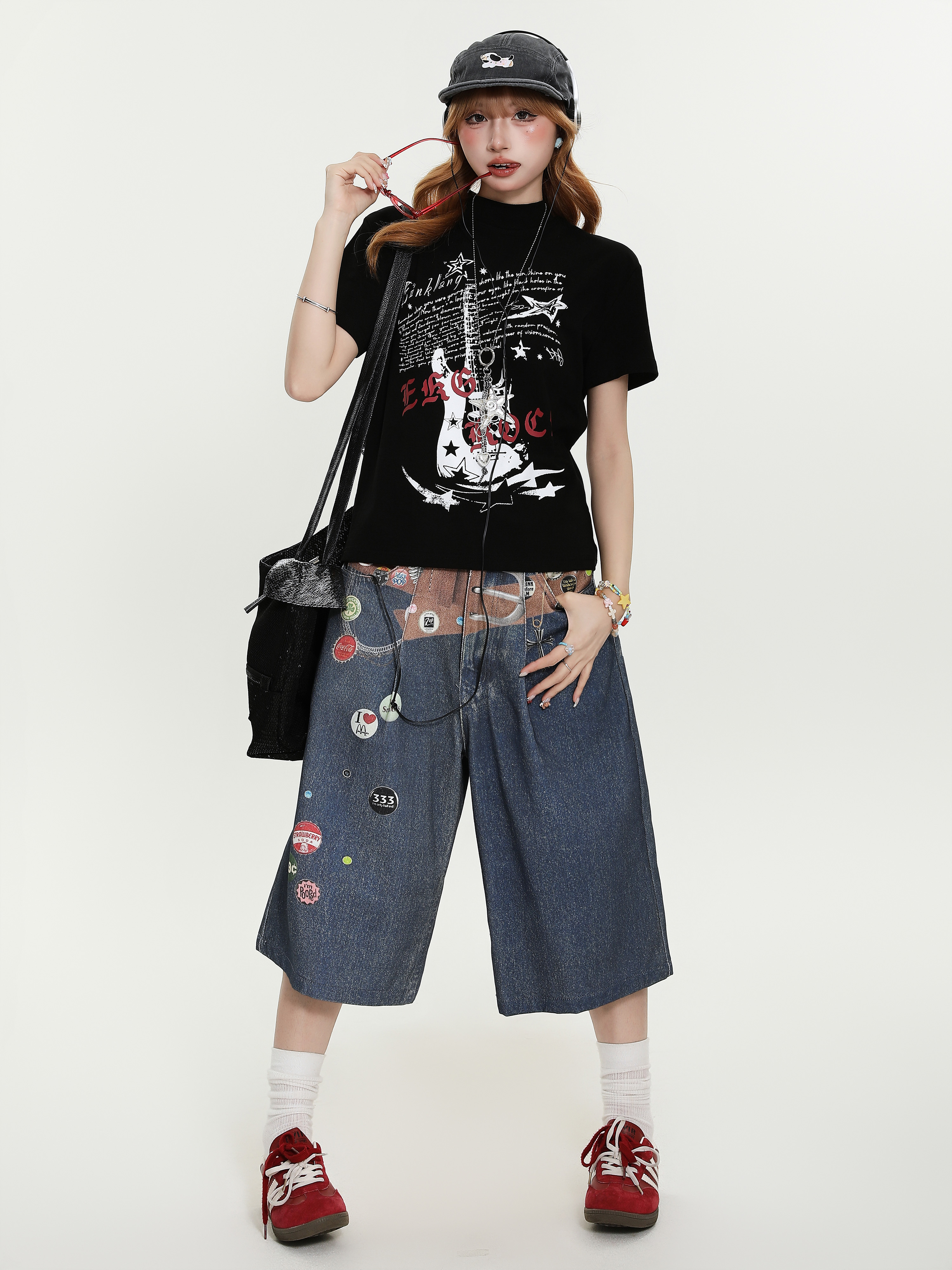Vintage Guitar Print Short Sleeve T-Shirt for Women - American Style Summer Casual Top, Trendy Streetwear Fashion