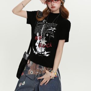 Vintage Guitar Print Short Sleeve T-Shirt for Women - American Style Summer Casual Top, Trendy Streetwear Fashion