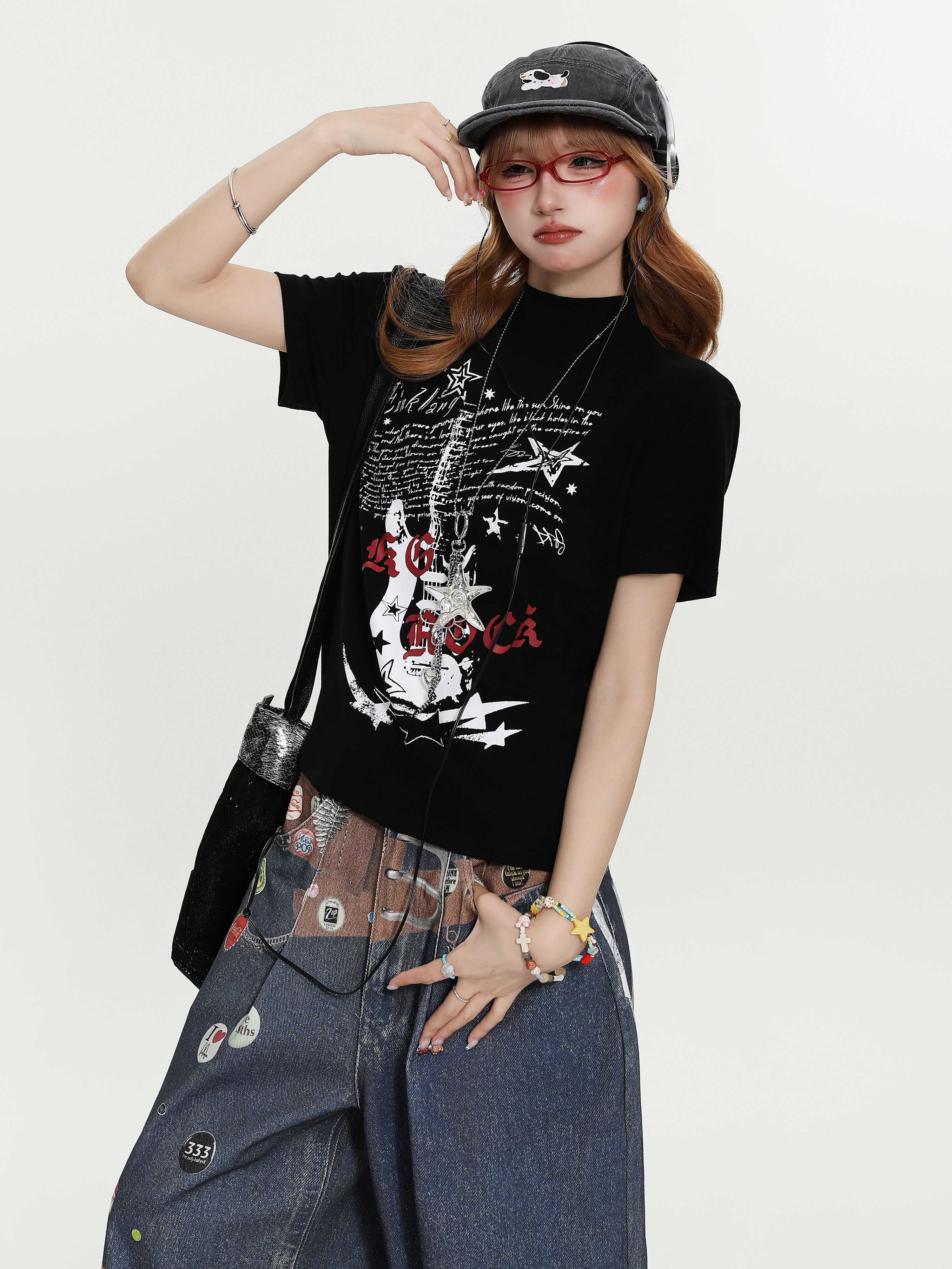 Vintage Guitar Print Short Sleeve T-Shirt for Women - American Style Summer Casual Top, Trendy Streetwear Fashion
