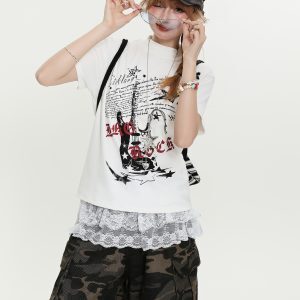 Vintage Guitar Print Short Sleeve T-Shirt for Women - American Style Summer Casual Top, Trendy Streetwear Fashion