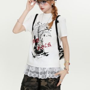 Vintage Guitar Print Short Sleeve T-Shirt for Women - American Style Summer Casual Top, Trendy Streetwear Fashion