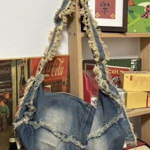 Vintage Handmade Denim Bag - Retro Large-Capacity Women's Casual Commuter Tote - Trendy Niche Style