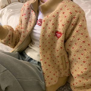 Vintage Heart Lamb Wool Warm Cotton Jacket for Women - Thickened Stand Collar Loose Short Coat - Autumn Winter 2024 Fashion
