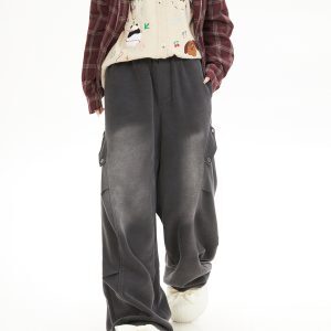 Vintage High-End Washed Distressed Pleated Sports Pants for Women - Casual Loose Sweatpants in Trendy Lazy Style