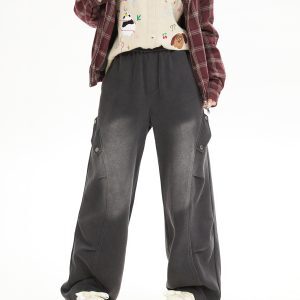 Vintage High-End Washed Distressed Pleated Sports Pants for Women - Casual Loose Sweatpants in Trendy Lazy Style