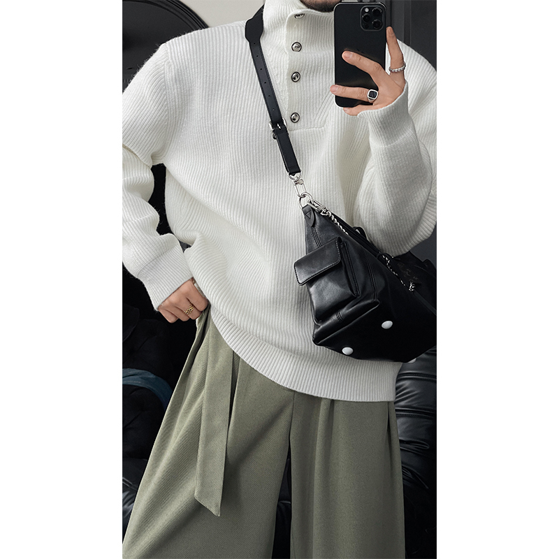 Vintage High Neck Knitted Sweater for Men - 2024 Autumn/Winter Lazy Style Solid Color Top, Versatile Fashion Essential
