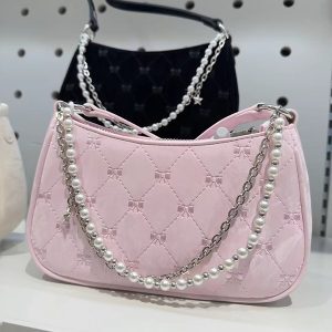 Vintage-Inspired Baguette Bag with Pearl Metal Chain Double Strap - High-End Underarm Shoulder Crossbody Bag for Chic Commuting
