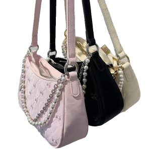 Vintage-Inspired Baguette Bag with Pearl Metal Chain Double Strap - High-End Underarm Shoulder Crossbody Bag for Chic Commuting