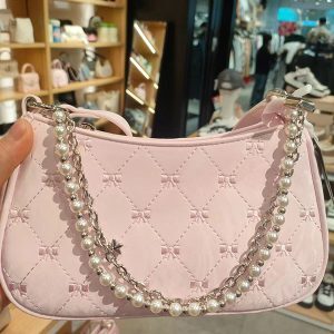 Vintage-Inspired Baguette Bag with Pearl Metal Chain Double Strap - High-End Underarm Shoulder Crossbody Bag for Chic Commuting
