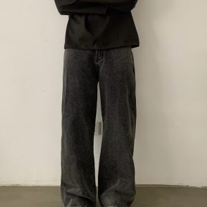 Vintage-Inspired Faded Black Loose Fit Jeans for Men and Women - Trendy Unisex Long Pants with Clean Design