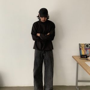 Vintage-Inspired Faded Black Loose Fit Jeans for Men and Women - Trendy Unisex Long Pants with Clean Design