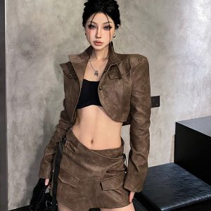 Vintage-Inspired Irregular Spicy Girl Leather Skirt Set with Long Sleeve Single-Breasted Cardigan - Trendy Women's Fashion
