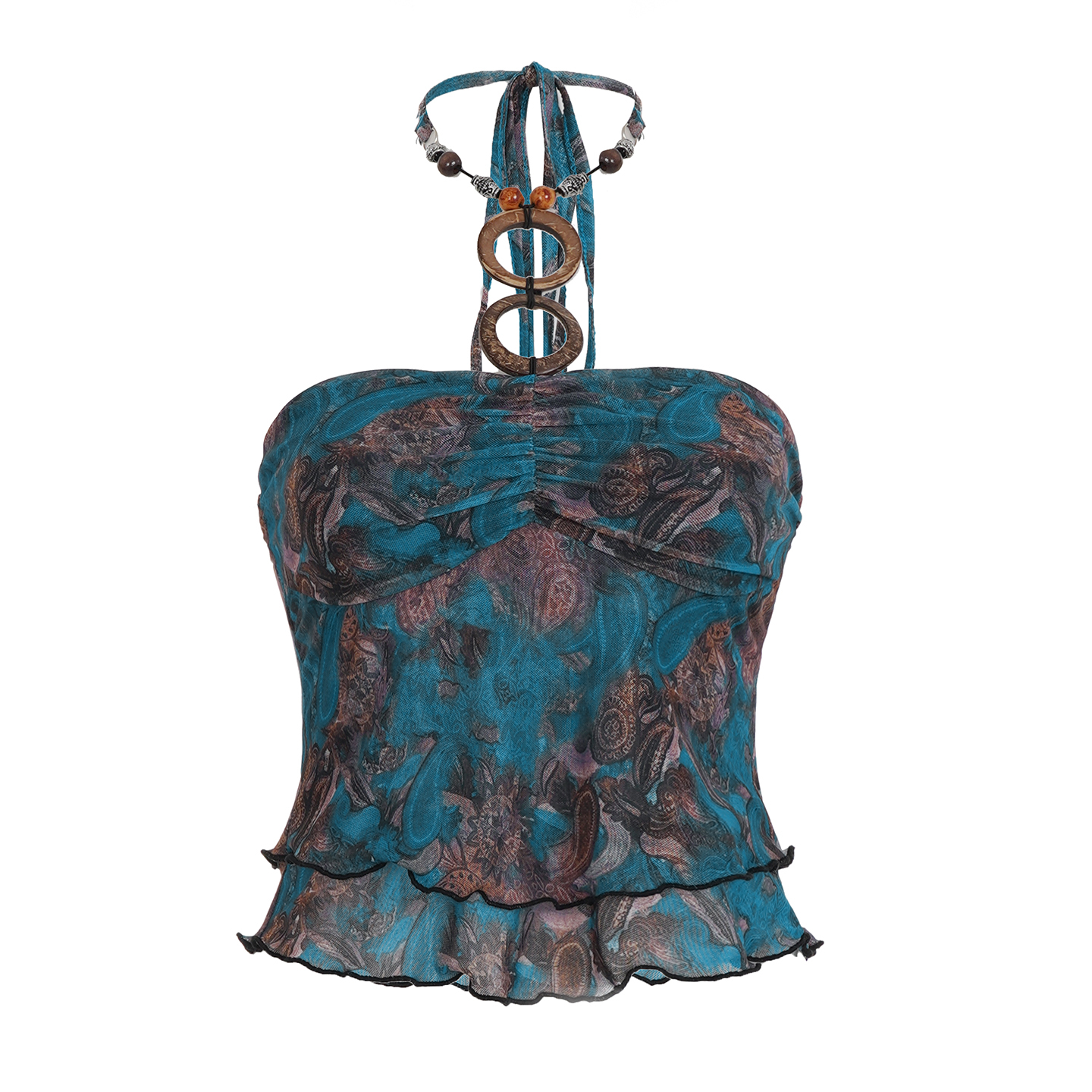 Vintage-Inspired Retro Floral Beaded Neck Vest Top with Wooden Buckle - Spicy Girl Summer Fashion