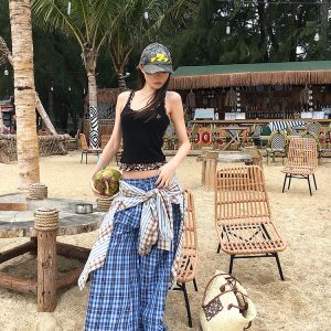 Vintage-Inspired Spicy Girl Casual Pants for Women - Retro Blue Plaid Loose Wide-Leg Straight Leg Trousers - Y2K Fashion